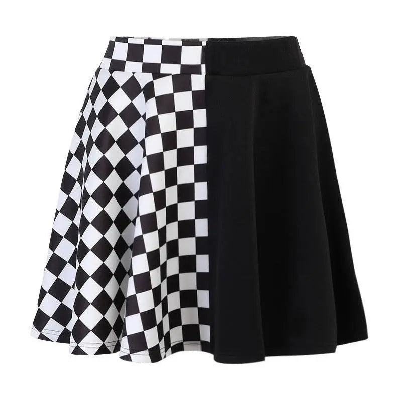 Chessboard Print Splicing Skirt, Gothic Ruched Punk Mini Skirt Without Belt, Women's Clothing - SS69