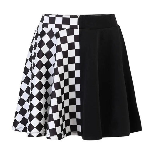 Chessboard Print Splicing Skirt, Gothic Ruched Punk Mini Skirt Without Belt, Women's Clothing - SS69