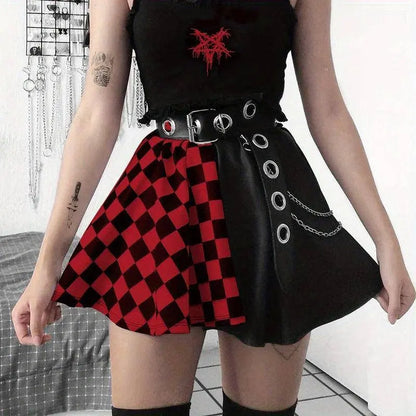 Chessboard Print Splicing Skirt, Gothic Ruched Punk Mini Skirt Without Belt, Women's Clothing - SS69