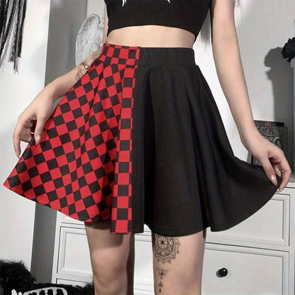 Chessboard Print Splicing Skirt, Gothic Ruched Punk Mini Skirt Without Belt, Women's Clothing - SS69