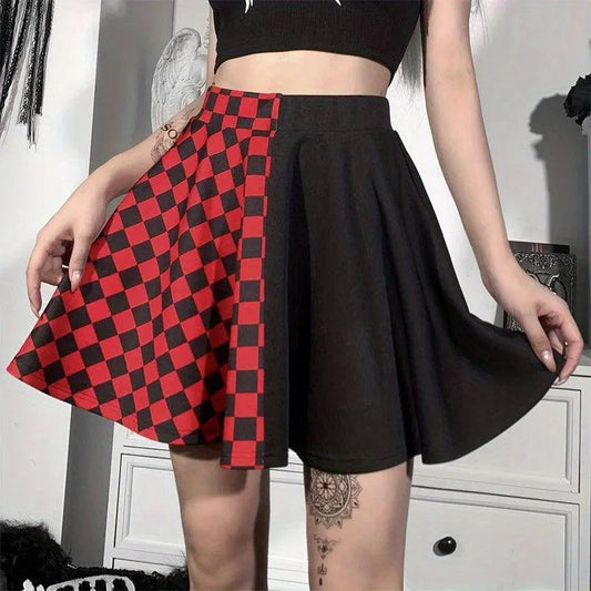 Chessboard Print Splicing Skirt, Gothic Ruched Punk Mini Skirt Without Belt, Women's Clothing - SS69