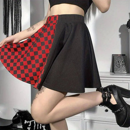 Chessboard Print Splicing Skirt, Gothic Ruched Punk Mini Skirt Without Belt, Women's Clothing - SS69