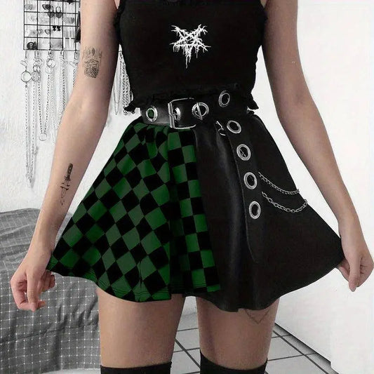 Chessboard Print Splicing Skirt, Gothic Ruched Punk Mini Skirt Without Belt, Women's Clothing - SS69