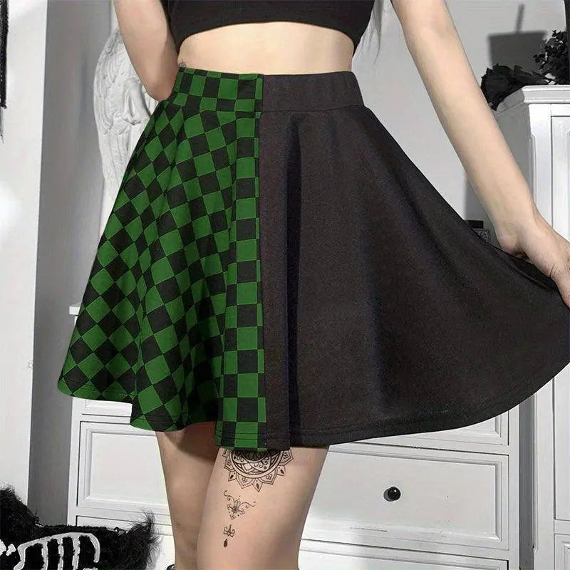 Chessboard Print Splicing Skirt, Gothic Ruched Punk Mini Skirt Without Belt, Women's Clothing - SS69
