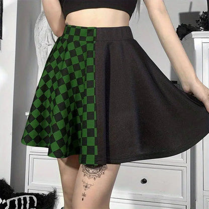 Chessboard Print Splicing Skirt, Gothic Ruched Punk Mini Skirt Without Belt, Women's Clothing - SS69