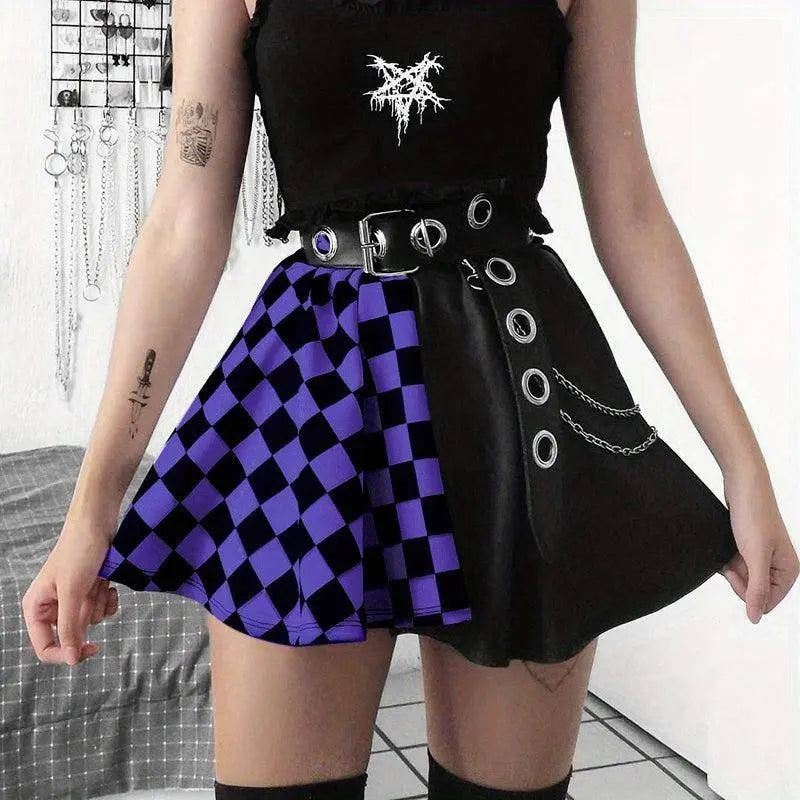 Chessboard Print Splicing Skirt, Gothic Ruched Punk Mini Skirt Without Belt, Women's Clothing - SS69