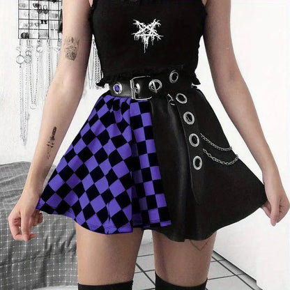 Chessboard Print Splicing Skirt, Gothic Ruched Punk Mini Skirt Without Belt, Women's Clothing - SS69