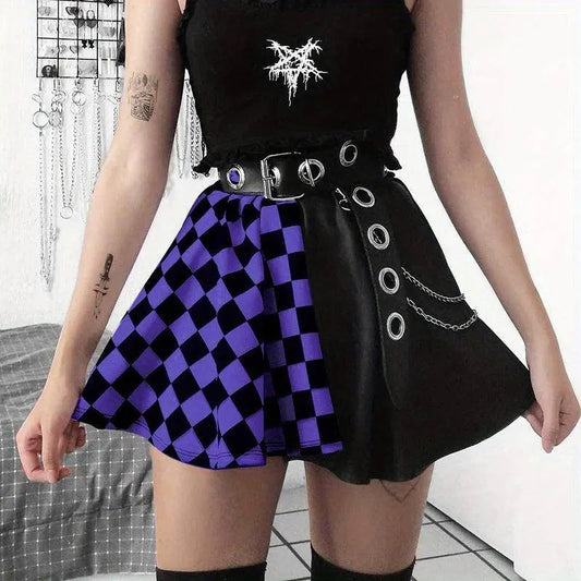 Chessboard Print Splicing Skirt, Gothic Ruched Punk Mini Skirt Without Belt, Women's Clothing - SS69