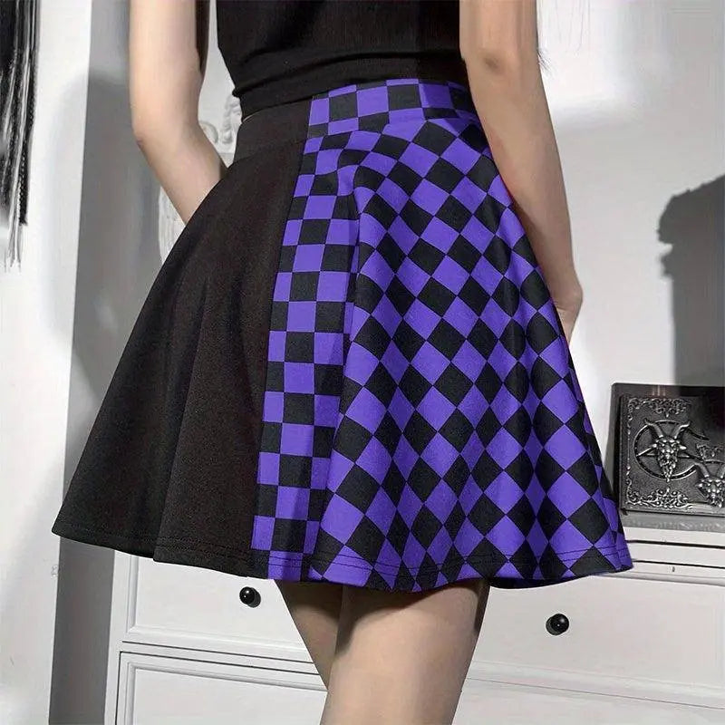 Chessboard Print Splicing Skirt, Gothic Ruched Punk Mini Skirt Without Belt, Women's Clothing - SS69
