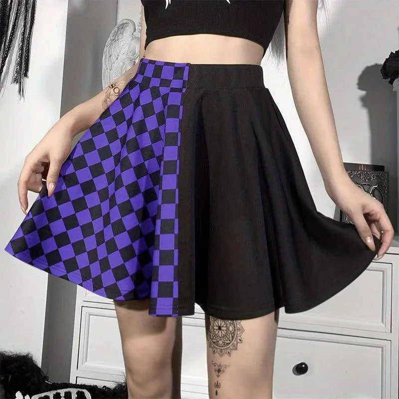 Chessboard Print Splicing Skirt, Gothic Ruched Punk Mini Skirt Without Belt, Women's Clothing - SS69