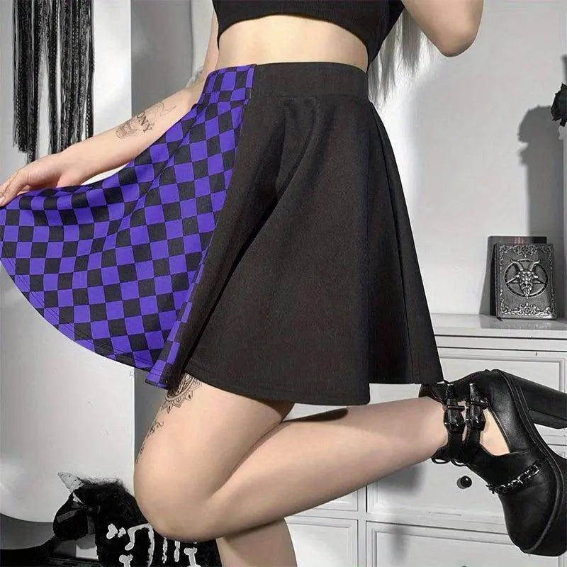 Chessboard Print Splicing Skirt, Gothic Ruched Punk Mini Skirt Without Belt, Women's Clothing - SS69
