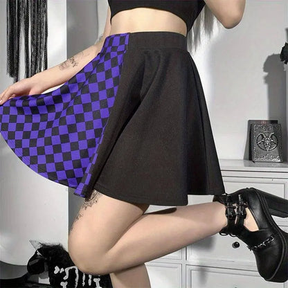 Chessboard Print Splicing Skirt, Gothic Ruched Punk Mini Skirt Without Belt, Women's Clothing - SS69