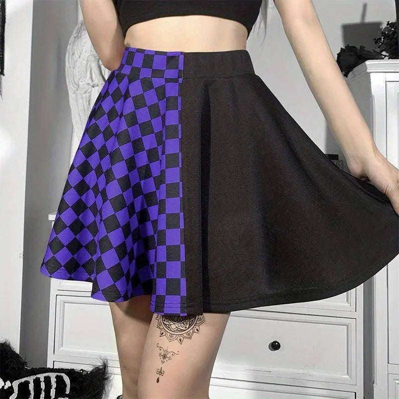 Chessboard Print Splicing Skirt, Gothic Ruched Punk Mini Skirt Without Belt, Women's Clothing - SS69