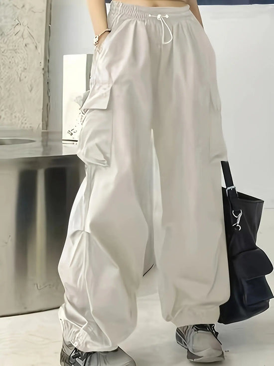 Chic High-Waist Wide-Leg Pants with Oversized Pockets - Casual, Non-Stretch Polyester, Machine Washable - Solid Color, All-Season Women's Fashion SS69