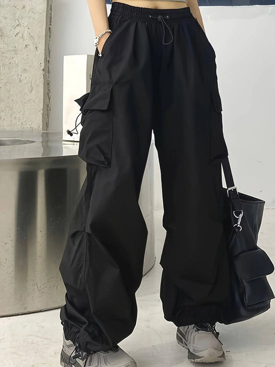 Chic High-Waist Wide-Leg Pants with Oversized Pockets - Casual, Non-Stretch Polyester, Machine Washable - Solid Color, All-Season Women's Fashion SS69