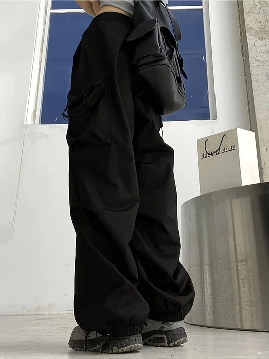 Chic High-Waist Wide-Leg Pants with Oversized Pockets - Casual, Non-Stretch Polyester, Machine Washable - Solid Color, All-Season Women's Fashion SS69