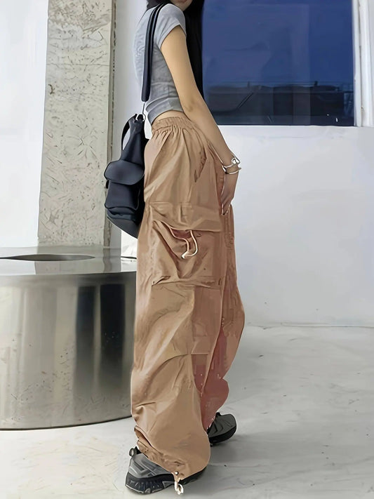 Chic High-Waist Wide-Leg Pants with Oversized Pockets - Casual, Non-Stretch Polyester, Machine Washable - Solid Color, All-Season Women's Fashion SS69
