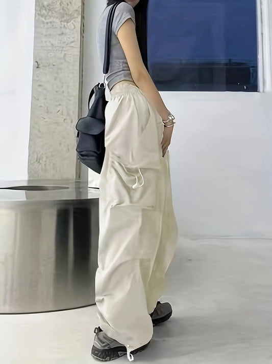 Chic High-Waist Wide-Leg Pants with Oversized Pockets - Casual, Non-Stretch Polyester, Machine Washable - Solid Color, All-Season Women's Fashion SS69