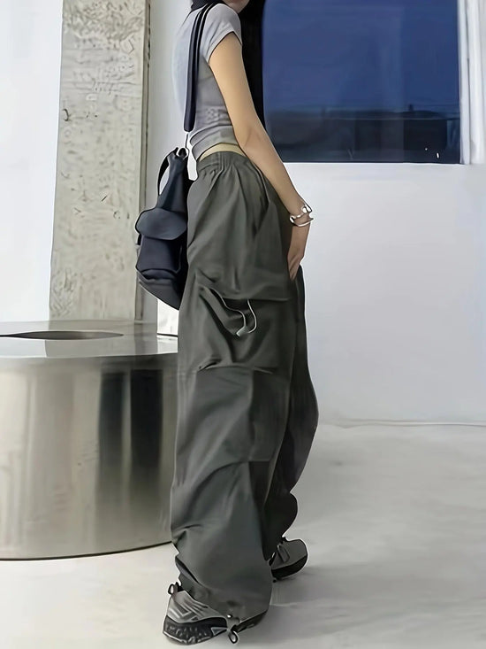 Chic High-Waist Wide-Leg Pants with Oversized Pockets - Casual, Non-Stretch Polyester, Machine Washable - Solid Color, All-Season Women's Fashion SS69