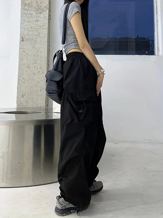 Chic High-Waist Wide-Leg Pants with Oversized Pockets - Casual, Non-Stretch Polyester, Machine Washable - Solid Color, All-Season Women's Fashion SS69