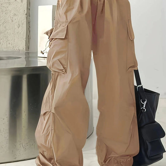 Chic High-Waist Wide-Leg Pants with Oversized Pockets - Casual, Non-Stretch Polyester, Machine Washable - Solid Color, All-Season Women's Fashion SS69 35.69 Khaki / 5XL