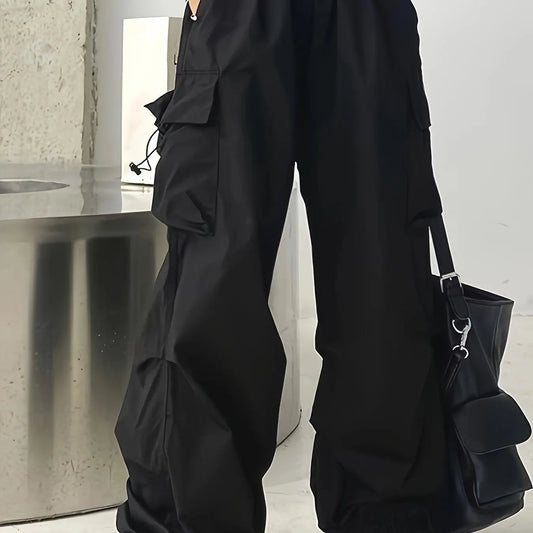 Chic High-Waist Wide-Leg Pants with Oversized Pockets - Casual, Non-Stretch Polyester, Machine Washable - Solid Color, All-Season Women's Fashion SS69 18.69 Black / 5XL