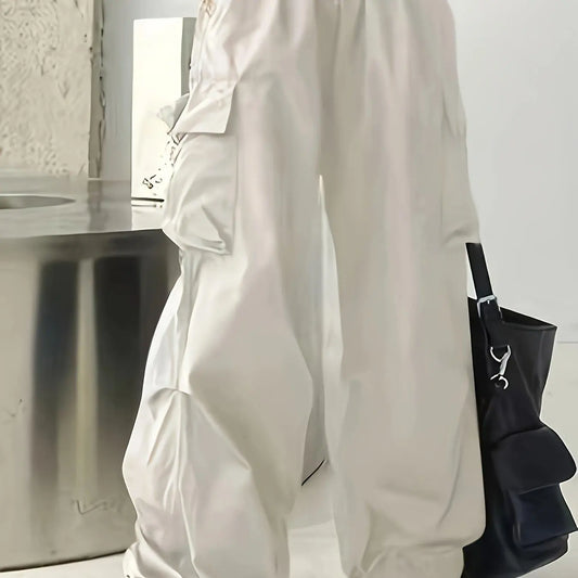 Chic High-Waist Wide-Leg Pants with Oversized Pockets - Casual, Non-Stretch Polyester, Machine Washable - Solid Color, All-Season Women's Fashion SS69 35.69 Ivory White / 5XL