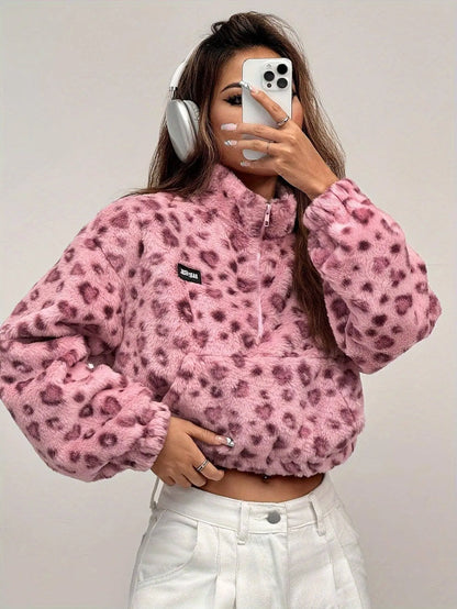 Chic Leopard Print Zip-Up Jacket for Women - Cozy Polyester, Machine Washable, Casual Style SS69