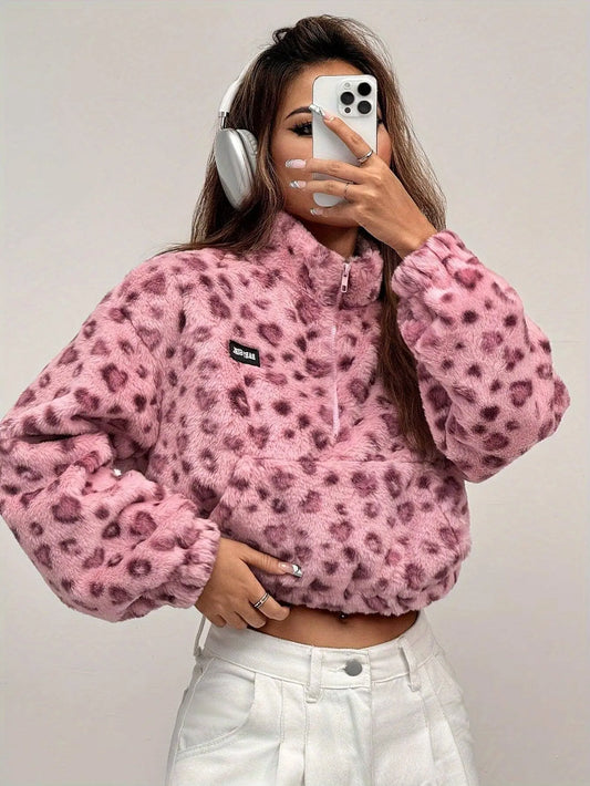 Chic Leopard Print Zip-Up Jacket for Women - Cozy Polyester, Machine Washable, Casual Style SS69