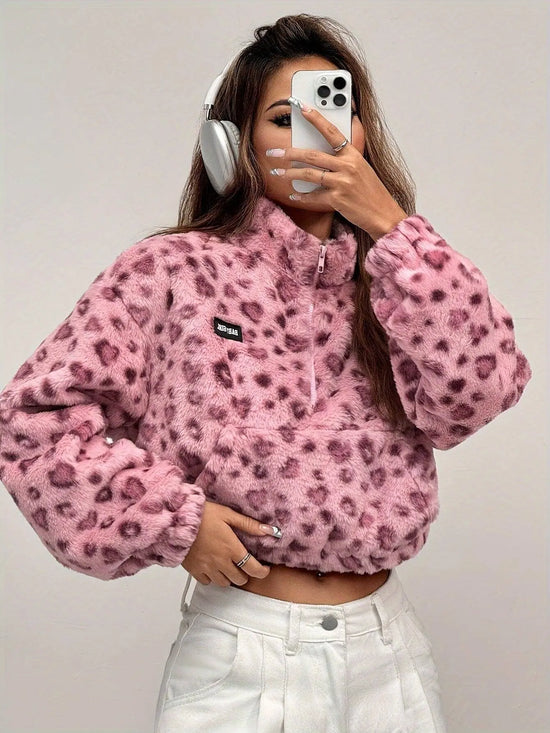 Chic Leopard Print Zip-Up Jacket for Women - Cozy Polyester, Machine Washable, Casual Style SS69