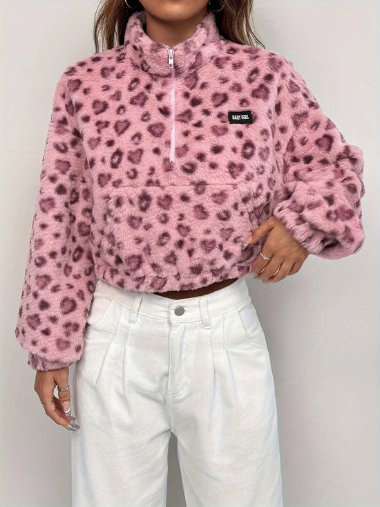 Chic Leopard Print Zip-Up Jacket for Women - Cozy Polyester, Machine Washable, Casual Style SS69