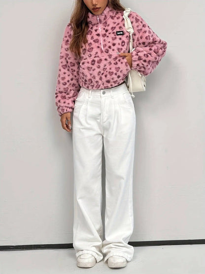 Chic Leopard Print Zip-Up Jacket for Women - Cozy Polyester, Machine Washable, Casual Style SS69