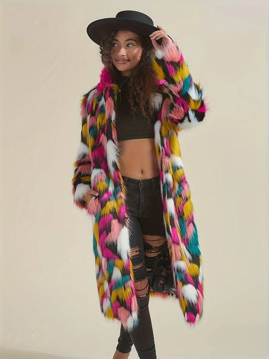 Chic Rainbow Faux Fur Coat for Women - Mid-Length, Casual & Comfortable with Polyester Lining, Perfect for Fall/Winter SS69