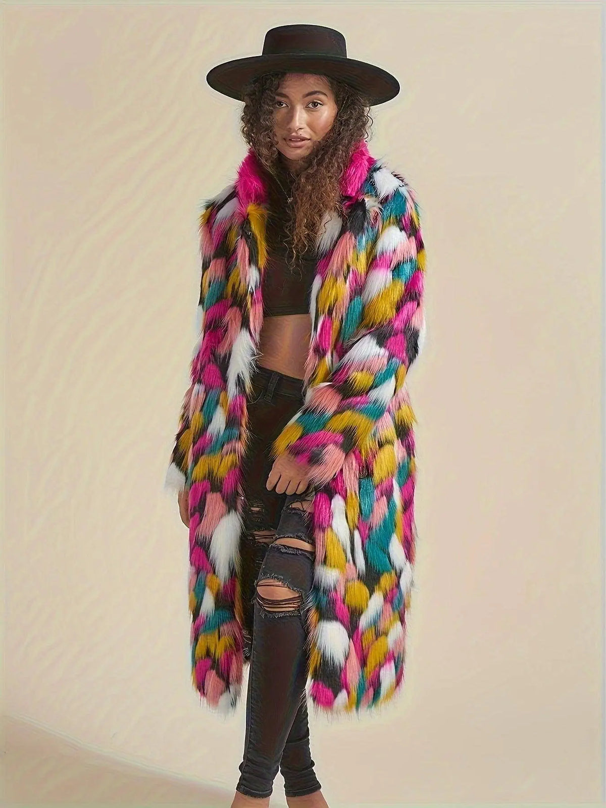 Chic Rainbow Faux Fur Coat for Women - Mid-Length, Casual & Comfortable with Polyester Lining, Perfect for Fall/Winter SS69