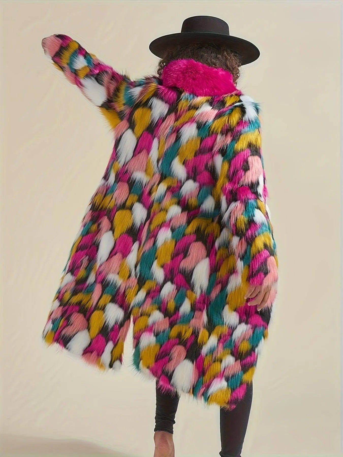 Chic Rainbow Faux Fur Coat for Women - Mid-Length, Casual & Comfortable with Polyester Lining, Perfect for Fall/Winter SS69