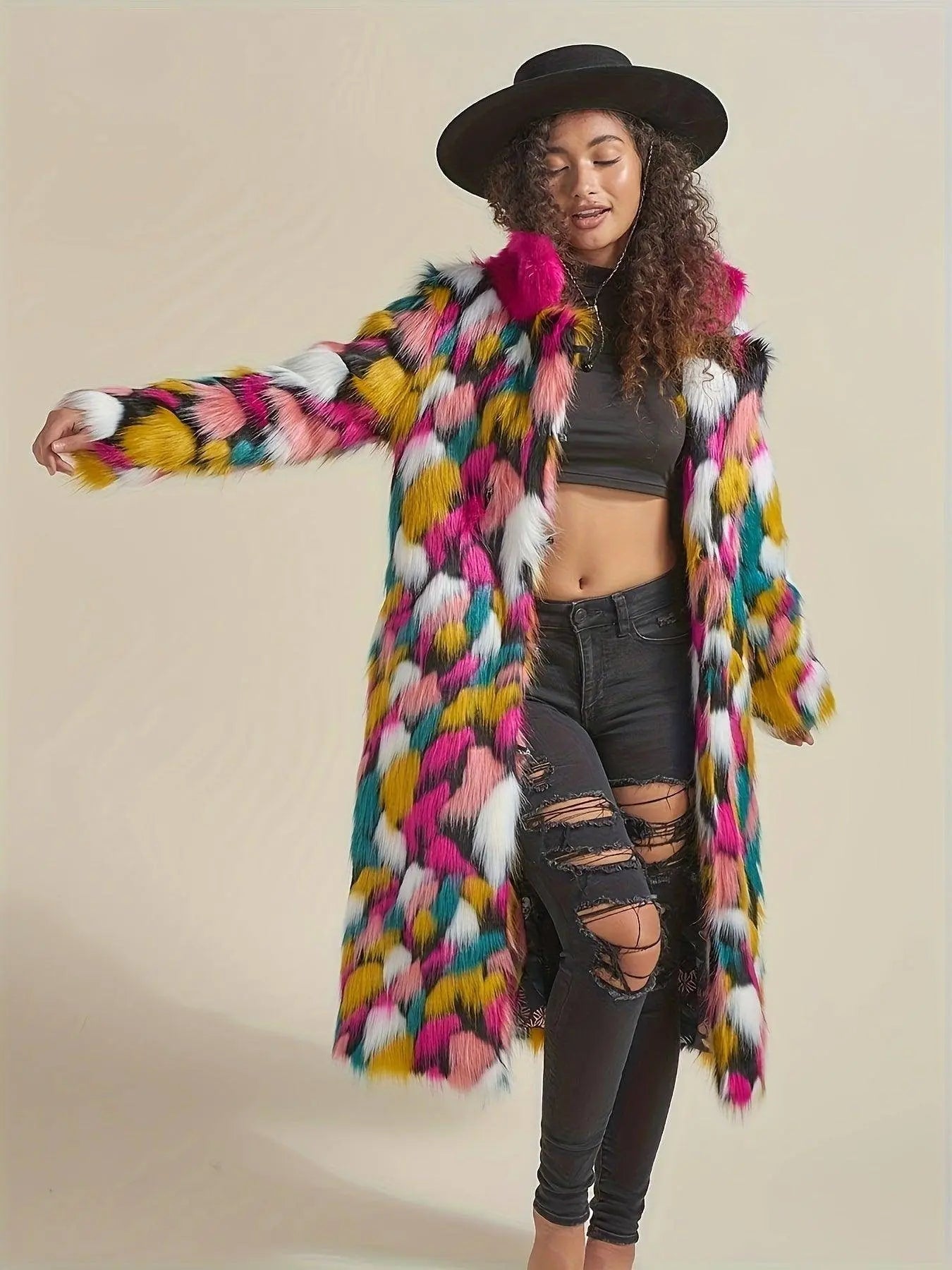 Chic Rainbow Faux Fur Coat for Women - Mid-Length, Casual & Comfortable with Polyester Lining, Perfect for Fall/Winter SS69