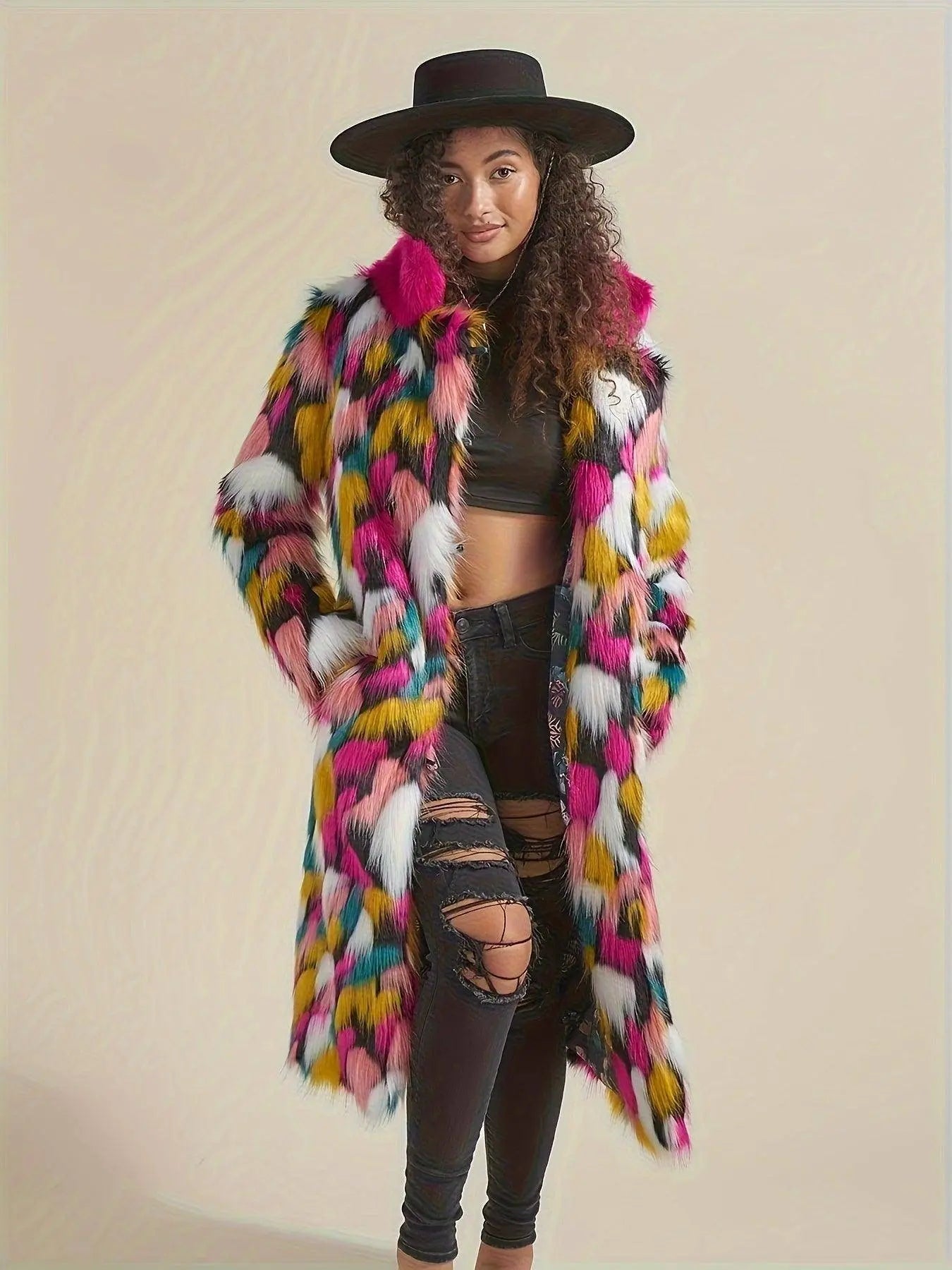 Chic Rainbow Faux Fur Coat for Women - Mid-Length, Casual & Comfortable with Polyester Lining, Perfect for Fall/Winter SS69