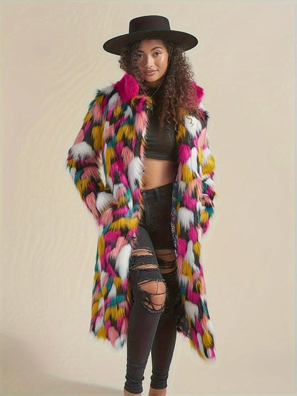 Chic Rainbow Faux Fur Coat for Women - Mid-Length, Casual & Comfortable with Polyester Lining, Perfect for Fall/Winter SS69
