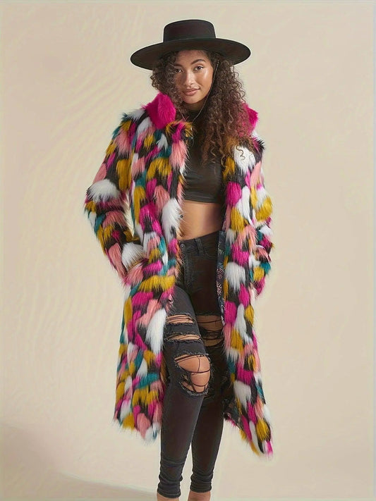 Chic Rainbow Faux Fur Coat for Women - Mid-Length, Casual & Comfortable with Polyester Lining, Perfect for Fall/Winter SS69