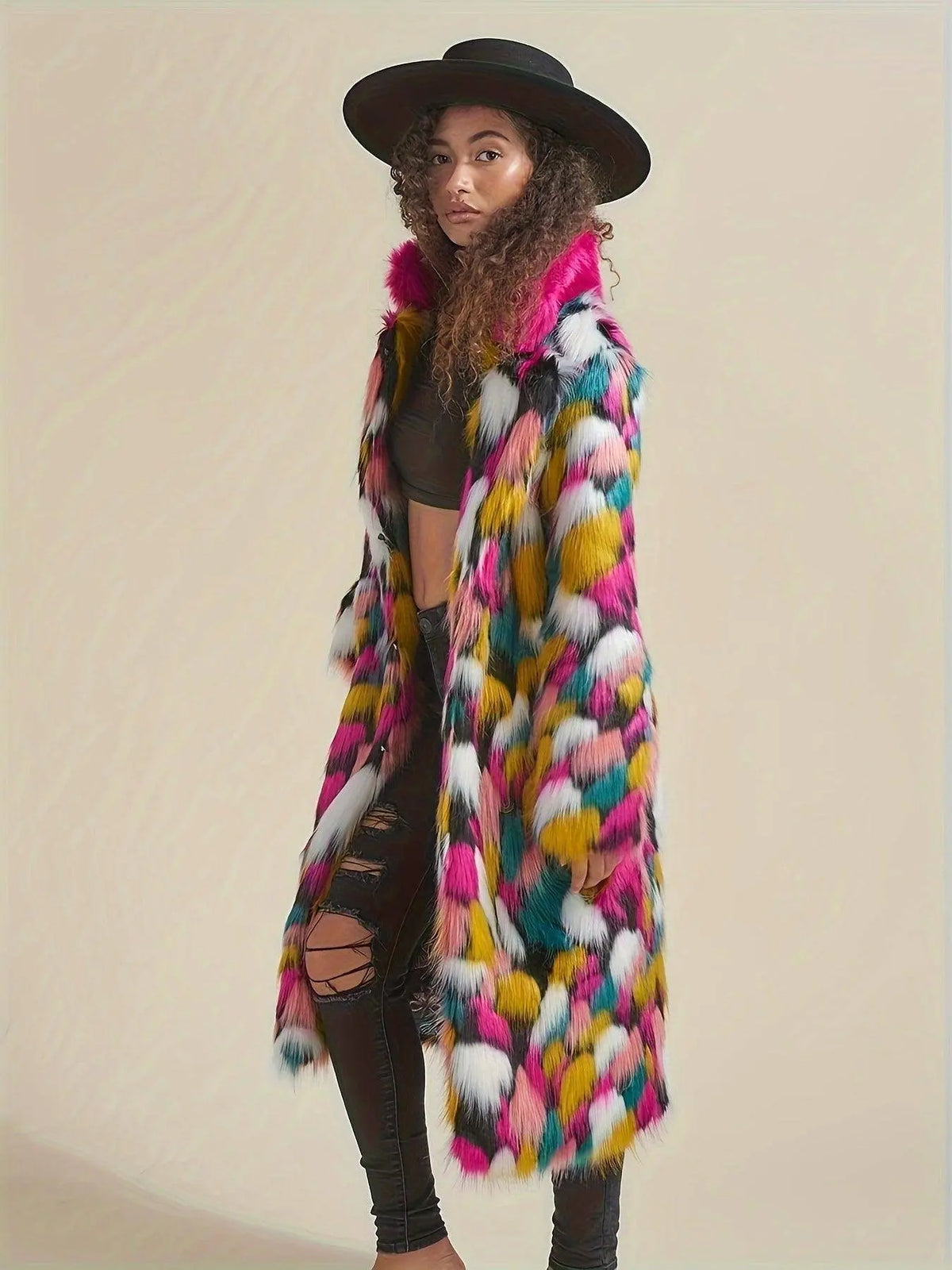 Chic Rainbow Faux Fur Coat for Women - Mid-Length, Casual & Comfortable with Polyester Lining, Perfect for Fall/Winter SS69