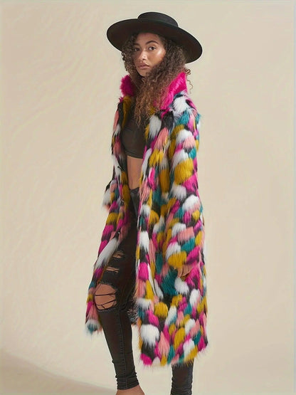 Chic Rainbow Faux Fur Coat for Women - Mid-Length, Casual & Comfortable with Polyester Lining, Perfect for Fall/Winter SS69