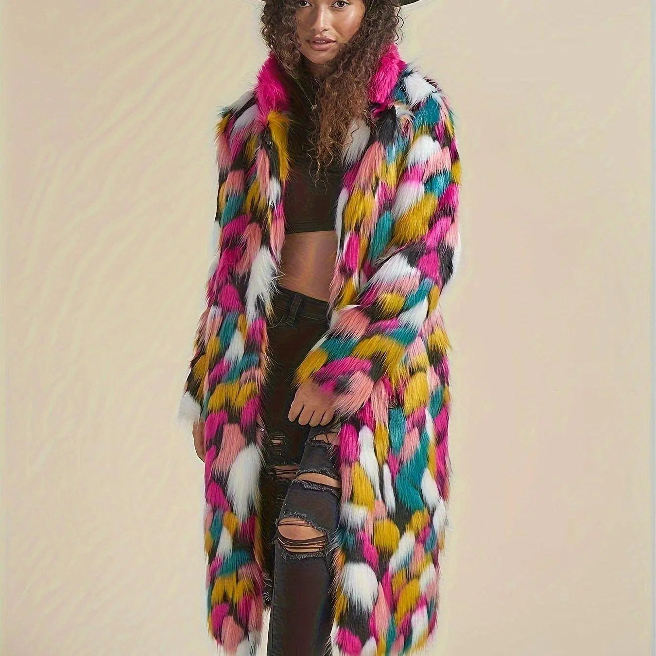 Chic Rainbow Faux Fur Coat for Women - Mid-Length, Casual & Comfortable with Polyester Lining, Perfect for Fall/Winter SS69