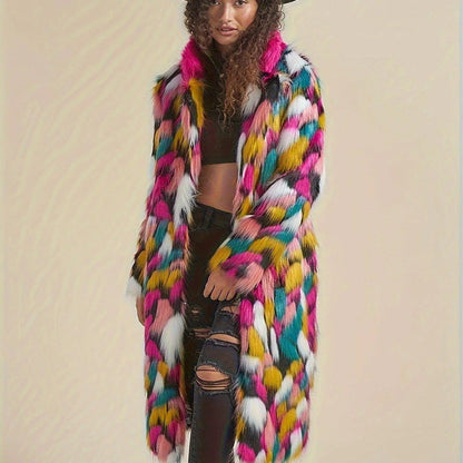 Chic Rainbow Faux Fur Coat for Women - Mid-Length, Casual & Comfortable with Polyester Lining, Perfect for Fall/Winter SS69