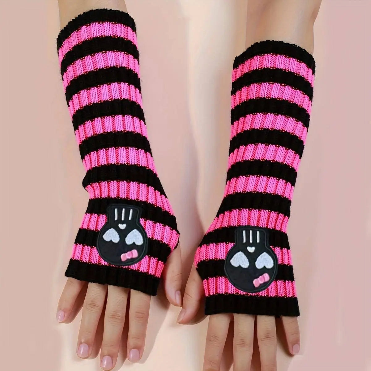 Chic Skull Embroidered Striped Knit Arm Sleeves - Elastic, Fashionable Long Gloves for Women SS69