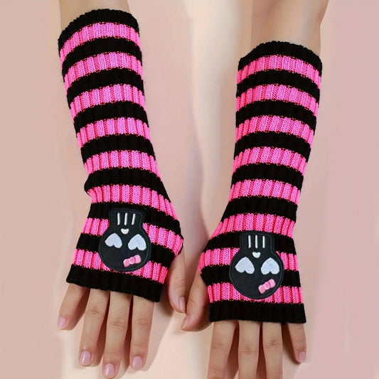 Chic Skull Embroidered Striped Knit Arm Sleeves - Elastic, Fashionable Long Gloves for Women SS69