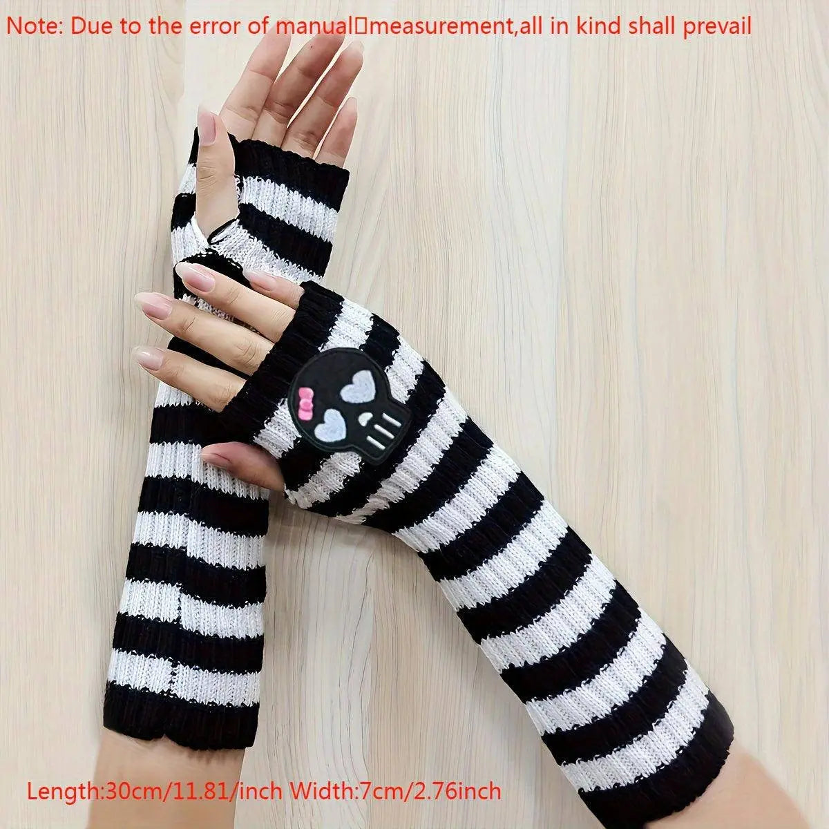 Chic Skull Embroidered Striped Knit Arm Sleeves - Elastic, Fashionable Long Gloves for Women SS69