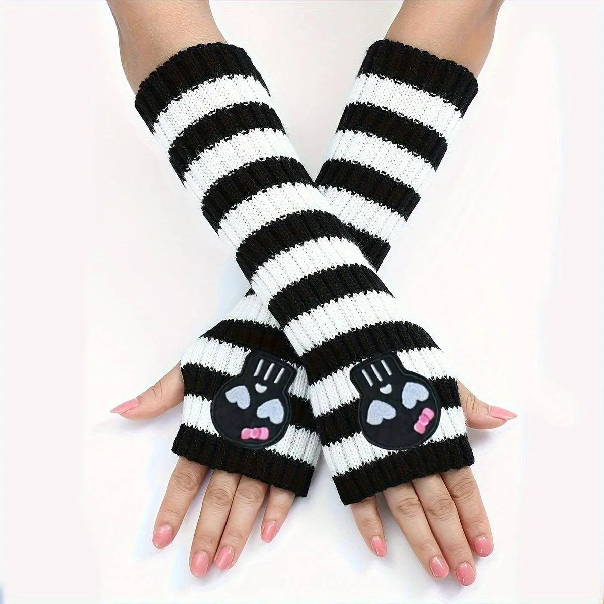 Chic Skull Embroidered Striped Knit Arm Sleeves - Elastic, Fashionable Long Gloves for Women SS69