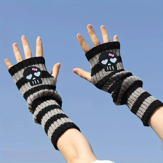 Chic Skull Embroidered Striped Knit Arm Sleeves - Elastic, Fashionable Long Gloves for Women SS69