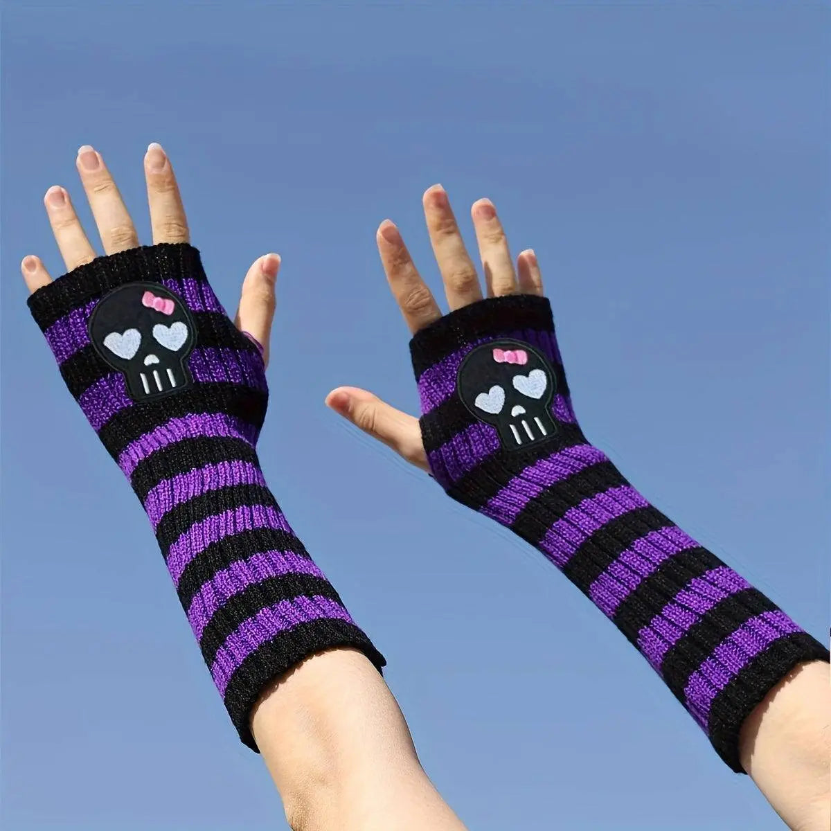 Chic Skull Embroidered Striped Knit Arm Sleeves - Elastic, Fashionable Long Gloves for Women SS69