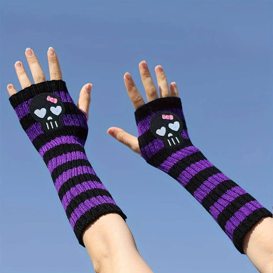 Chic Skull Embroidered Striped Knit Arm Sleeves - Elastic, Fashionable Long Gloves for Women SS69